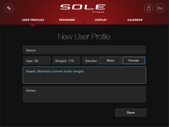 sole fitness app new user profile